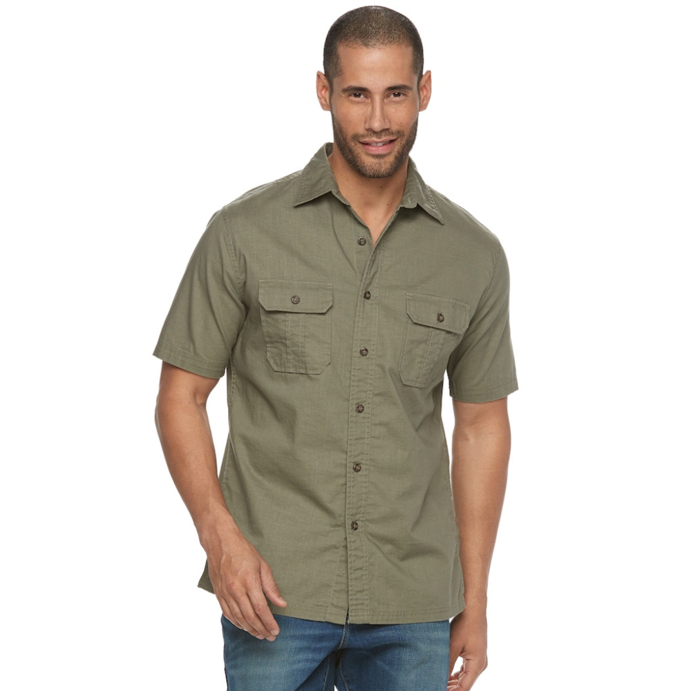 NEW Croft Barrow Classic-Fit olive green short sleeve cotton button up shirt L
